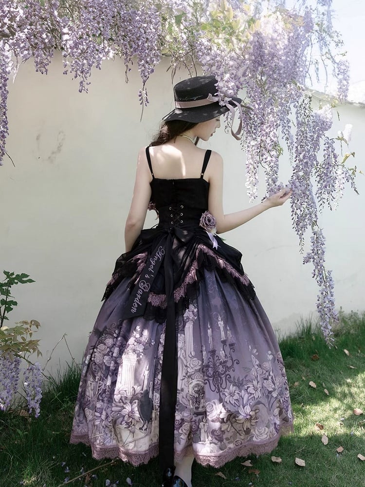 Black Cami Lolita with Flowers Classic Purple Accents Top Ruffled Elegant