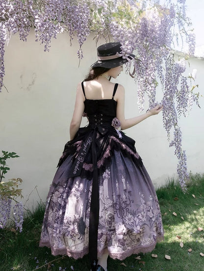 Black Cami Lolita with Flowers Classic Purple Accents Top Ruffled Elegant