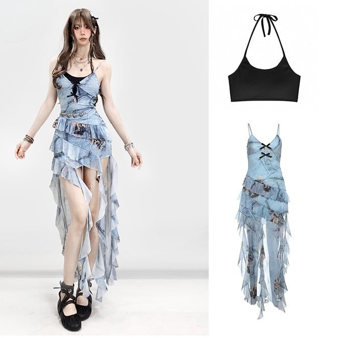 Y2K フリルとドレスキャミ付き ブルーキャミソール ブラックカスケードトリムスカート グラマラスハイロー