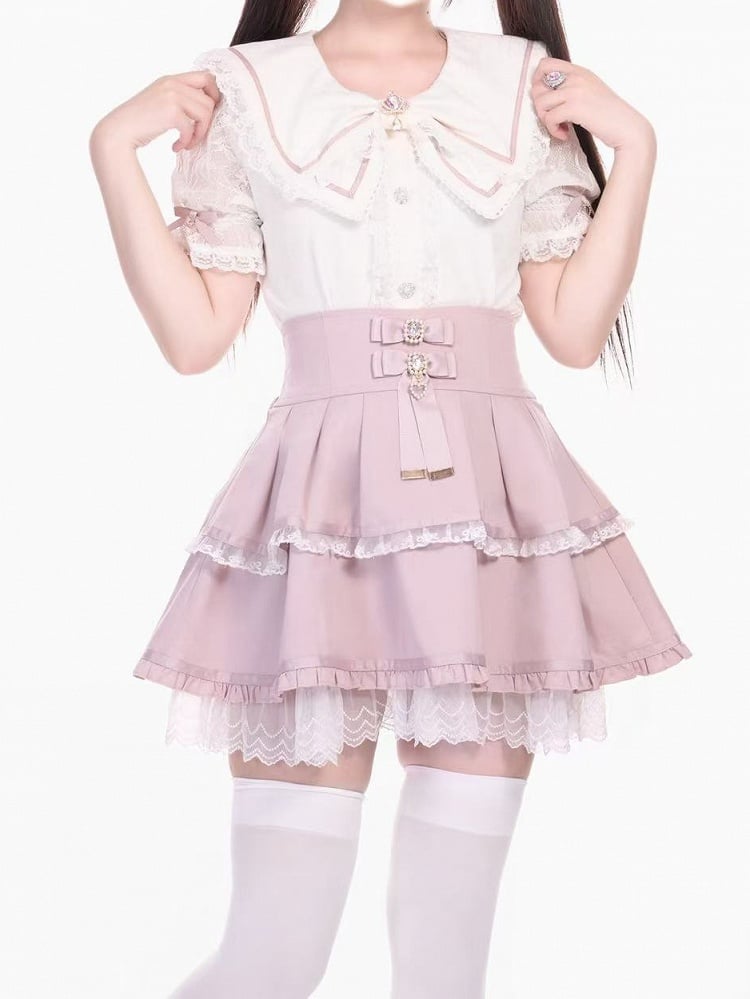 Blouse with Pink White Bowknots and Crown Brooch Jirai Kei Bowknot Collar