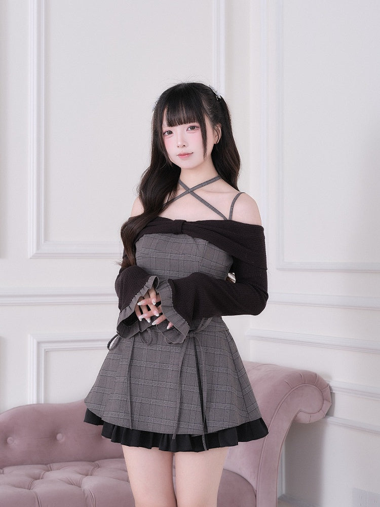 Jirai Set Crisscross Skirt Top Plaid + Off-Shoulder Gray Design Black Bow Long Ruffled With Sleeve Strap Kei