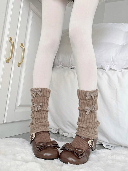 Brown Ribbed Leg Warmers with Bow Accents