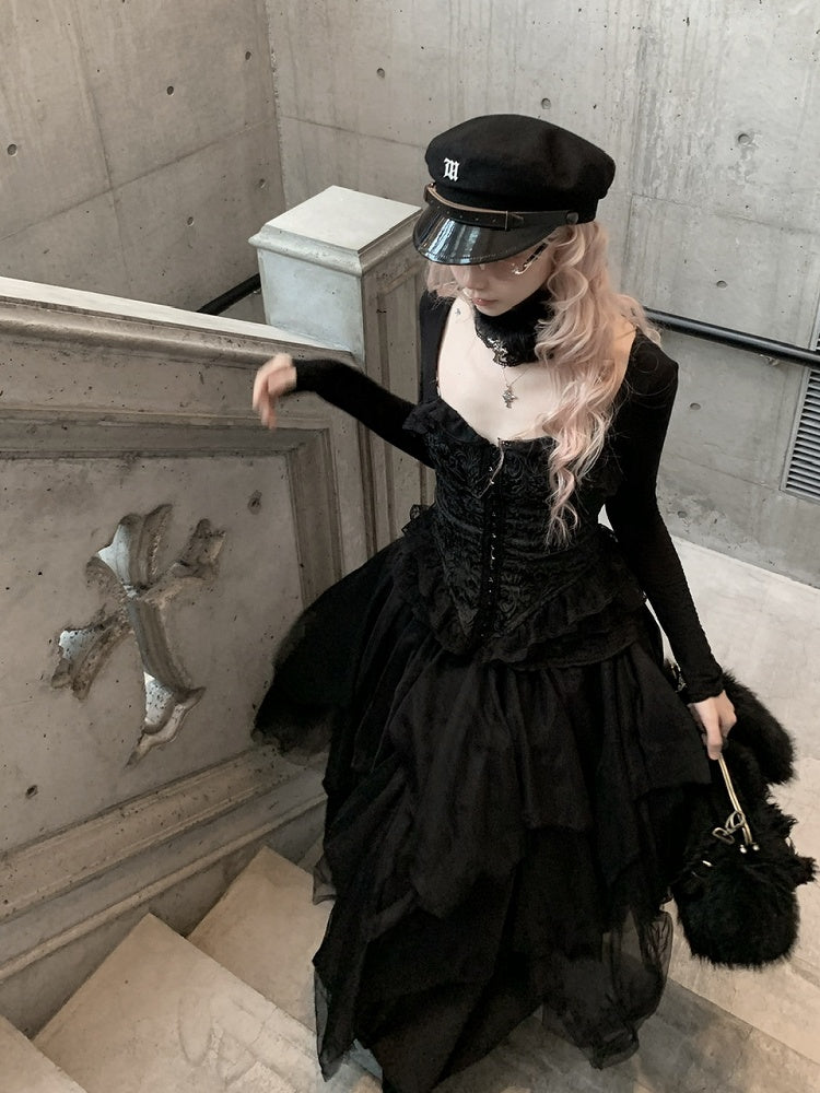 Embossed Lace-Up Back with Jacquard Lace Black/White Top Sleeve Frill Long