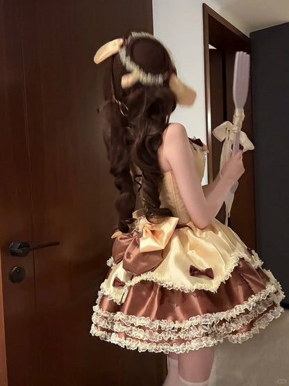 Fluffy Lolita Dress with Yellow Bow Waist Brown Sweet Basque Accents