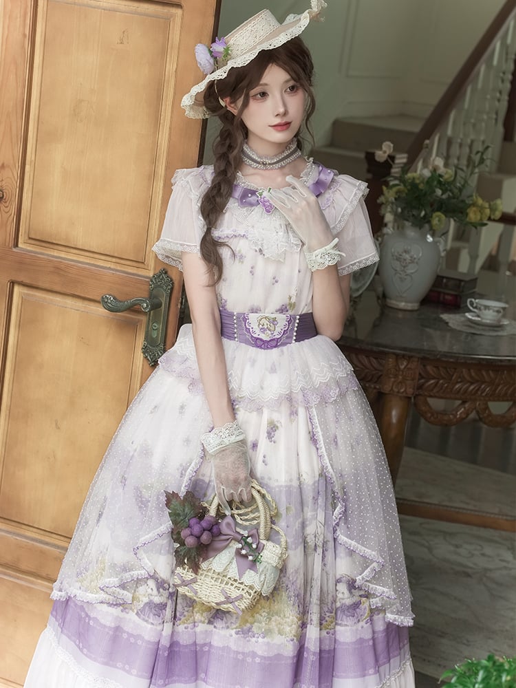 Set Elegant Top Classic Full Purple - Grape-Print Necklace Skirt + Lolita