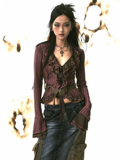 PU Purple-Red with Cardigan Adjustable Knit Ruffles Belt Tulle