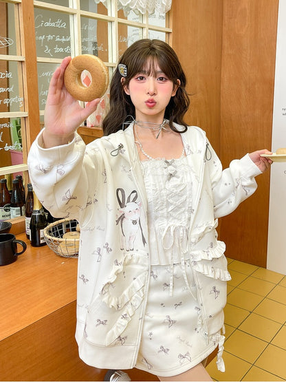 Kapuzenpullover mit Rüschenverschluss, Lammdruck, weißer Reißverschluss, entzückende Schleife