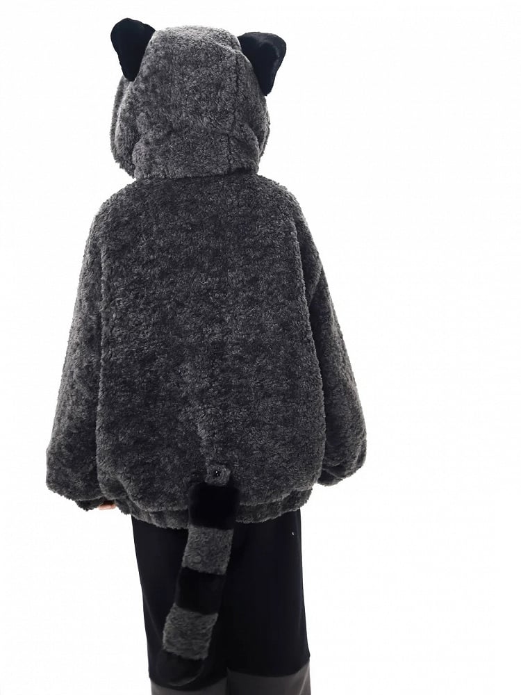 Back view of gray plush hooded coat showing raccoon ears and striped tail