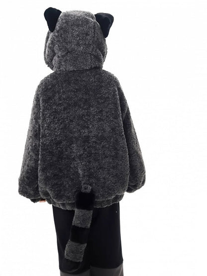 Raccoon-Inspired Ears Hooded Coat Tail Detachable Gray with Design Plush Cozy