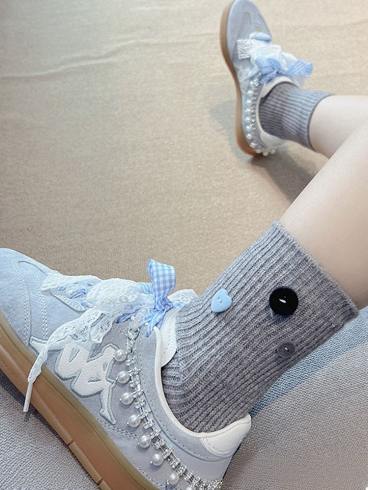 Milk White Sweet Button Decorated Calf Socks