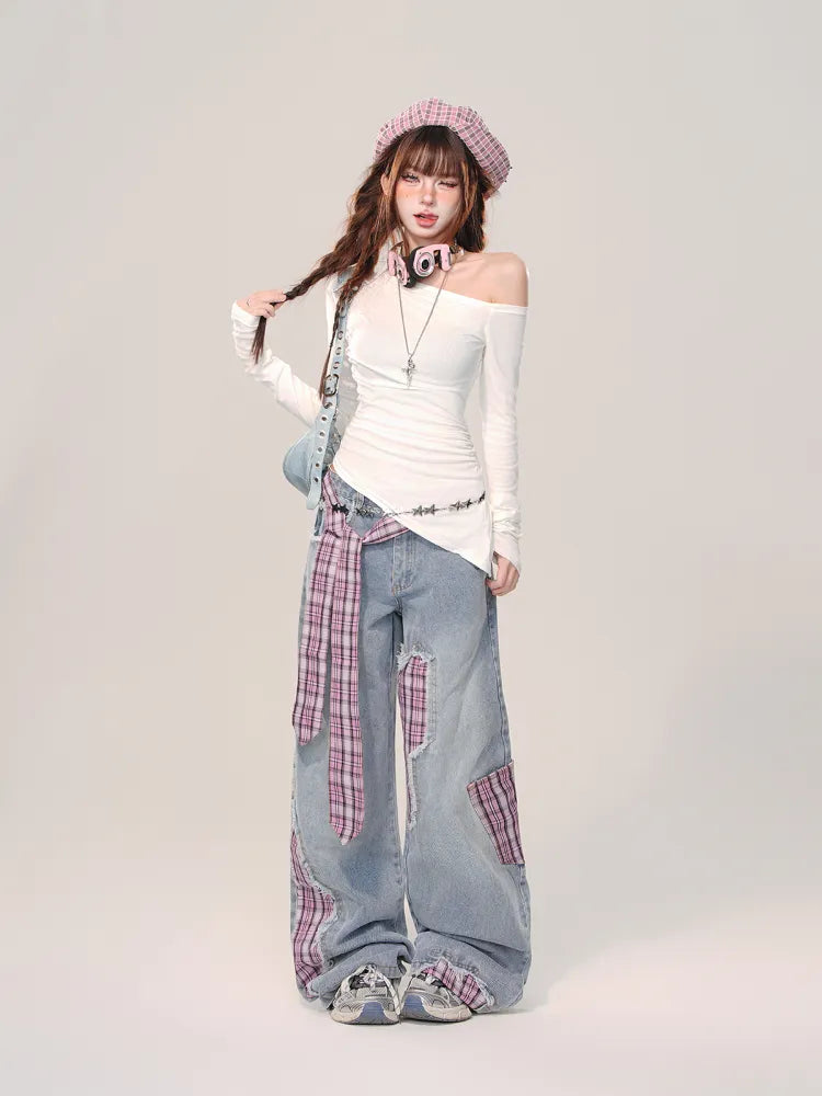 S Cut Wide-leg Bowknot Size Rose Plaid Jeans Clearance Blue Waist - 66CM Red for