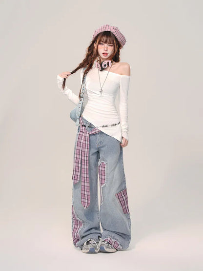 S Cut Wide-leg Bowknot Size Rose Plaid Jeans Clearance Blue Waist - 66CM Red for