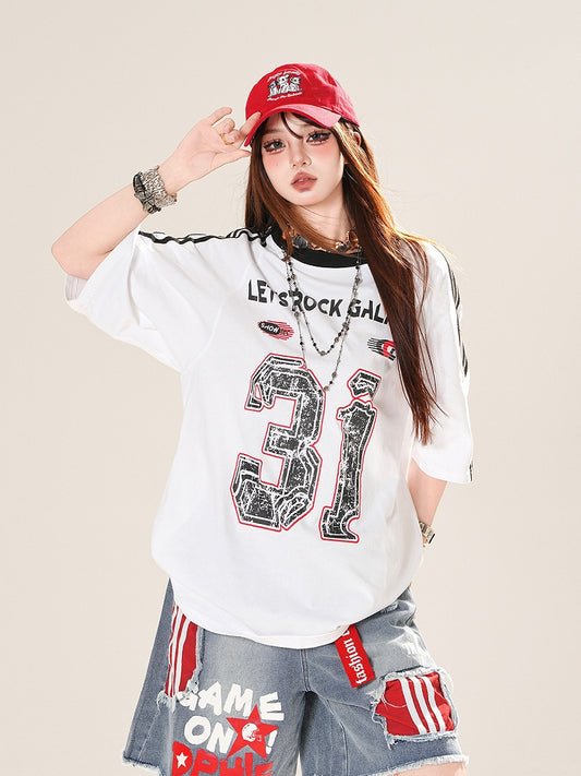 White Blokette Core Print Loose T-Shirt Number