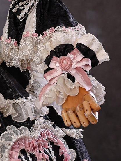 Schwarzes Hanayome-Rosetten-Stickerei-Blumen- und Perlenketten-Lolita-OP-Komplettset