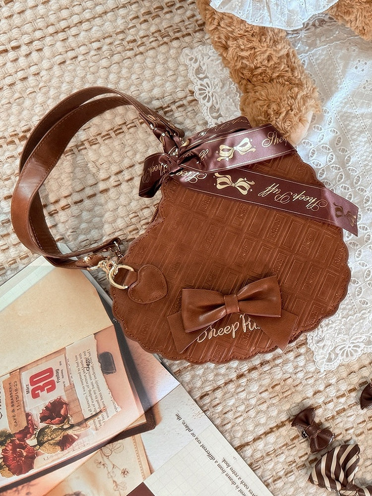 Pattern Accent Heart-shaped Sweet Lolita Style Carry Bag Chocolate Dark Brown - with Bow Triple