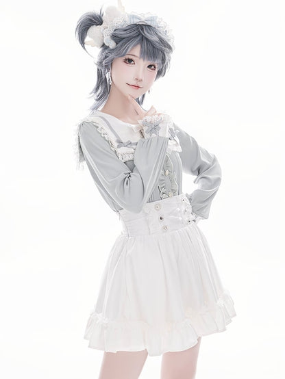 Blouse Blue Jirai Kei and Buttons Long Lace Heart Collar Square Light with Sleeve Inspired Beaded