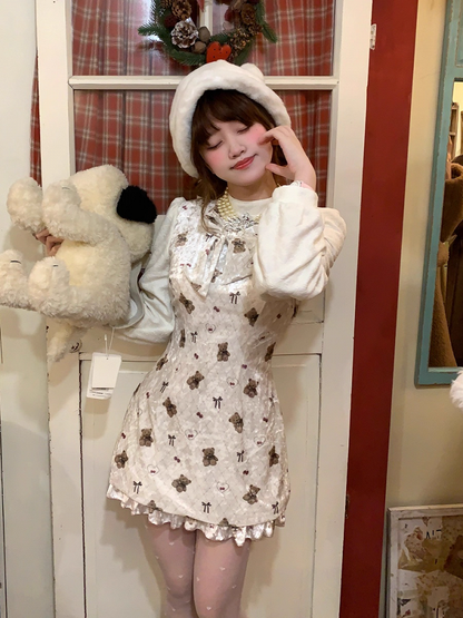 Vintage Sleeve Trim Bear Adorable Long Beige Dress Lace Print with