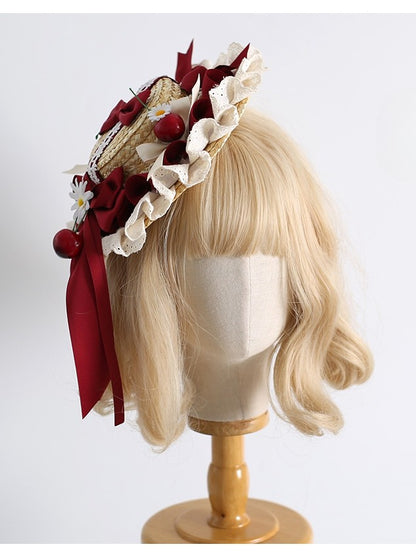 Sweet Daisy Decorated Bowknot Mini Hat Cherry Clips And Lolita Details BeigeRed with