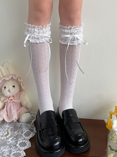 Bow Lace Colors Heart Decoration Calf Socks 4 Pattern with Trim