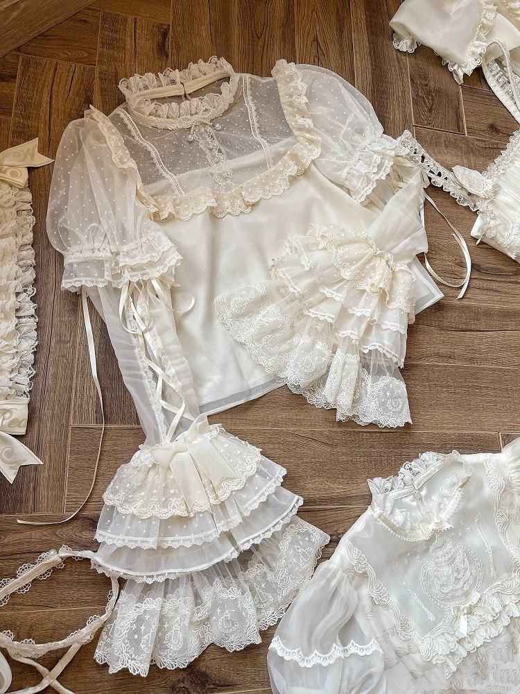 Tulle White with Sleeves Creamy Detachable Blouse Dotted Puff