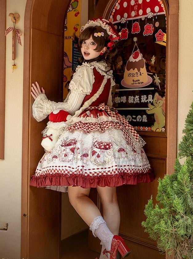 Red and Beige Gingham Mushroom Print Dress with Lace Overlay - Honey Machine