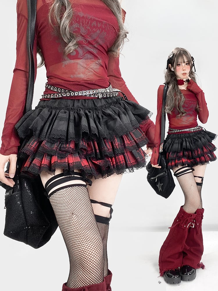 Y2K Redand ブラック チェック柄 レーストリム 太もも丈 裏地付き ティアードスカート