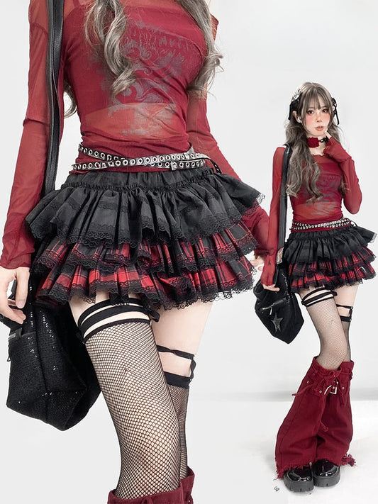 Y2K Redand ブラック チェック柄 レーストリム 太もも丈 裏地付き ティアードスカート