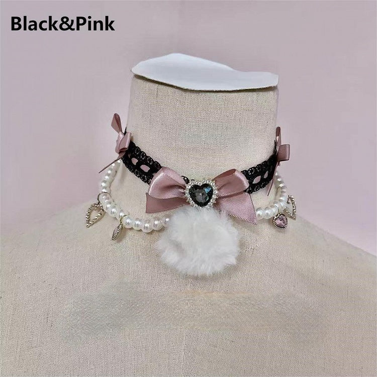 Heart Rhinestone Bow Choker Lace 6 Colors with Pendant