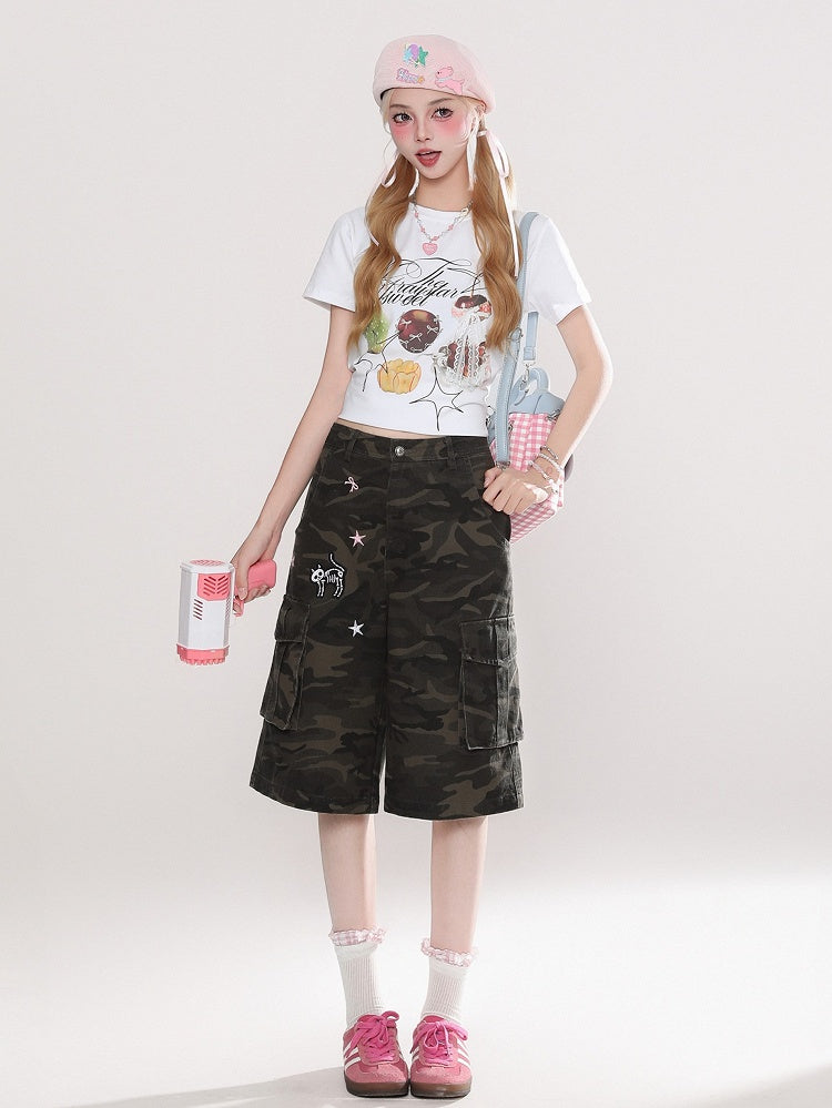 Utility Cargo Signature Kitty with Pants Skeleton Embroidery Camo Star