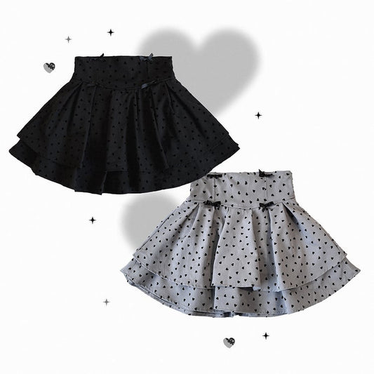 Kei Skirt: Pattern Tiered Waist with Dot Polka Heart High Jirai Dark Sweetness