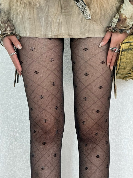 Black/White And Clover Diamond Pattern Tights Four-leaf