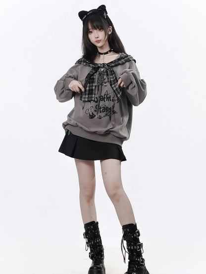 Gray Graffiti V-Neck Sweatshirt with Detachable Plaid Hooded Shawl & Lace-Up Detail - PINK SAVIOR