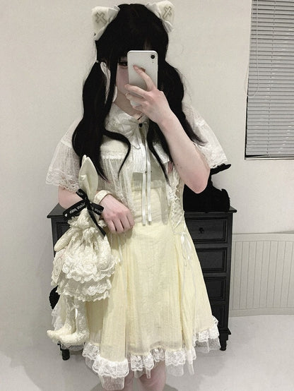 Lace Cape Design Dress with Bow, Short Sleeve, 4 Colors, Landmine - Kitty Bxllet