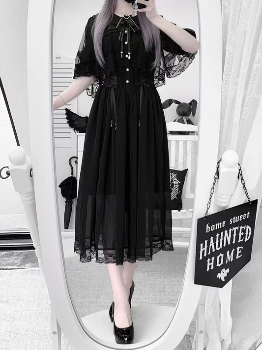Black with Lace Lace-Up Jirai Silhouette Adjustable and Waist Kei Dress Chiffon Cape