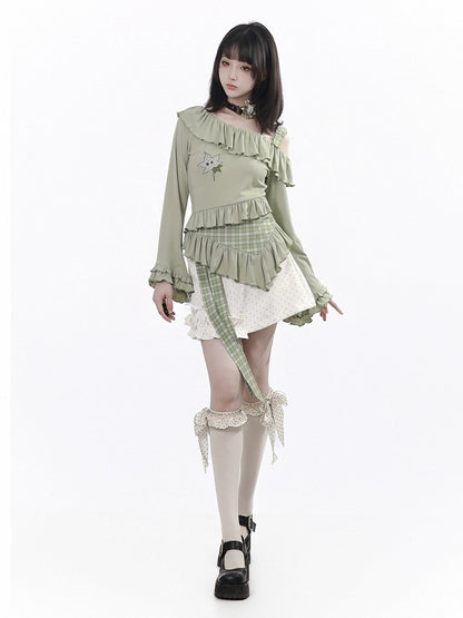 Asymmetrical Polka Dot Ruffled Skirt with Plaid Belt and Shorts - PINK SAVIOR