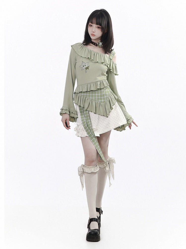 Light Green Asymmetrical Flare Sleeve Top with Ruffle and Leaf Embroidery - PINK SAVIOR