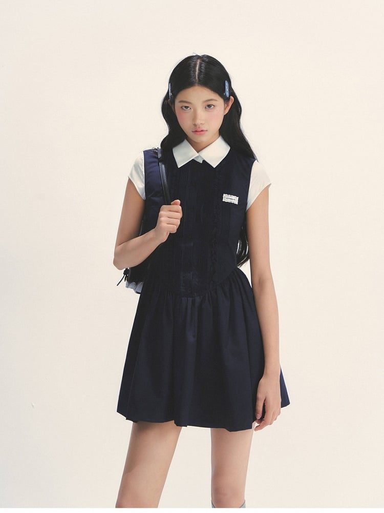 Navy Academy White Two-Piece Dress with Style Blue Retro Fake Details Pleated