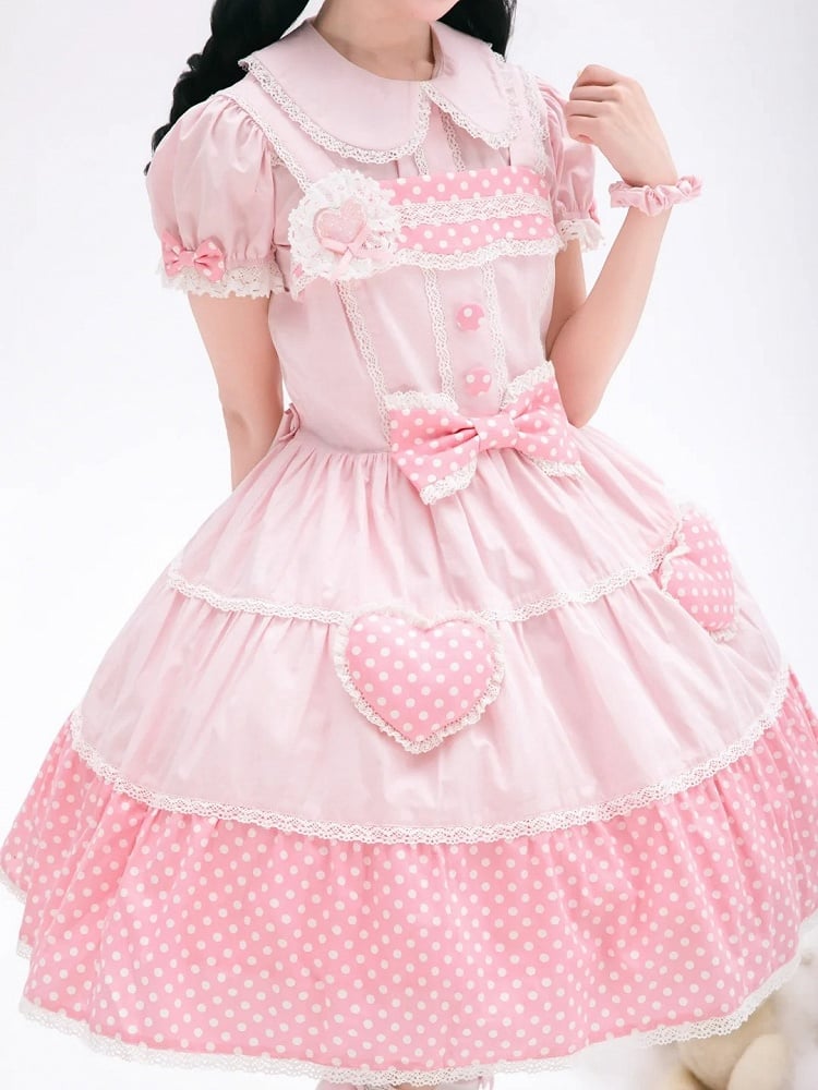 Baumwolle Alt Polka Pink Dots Schulkleid Lolita Weiß