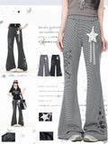 Embroidered Gray Striped Flared Pants with Star Charm