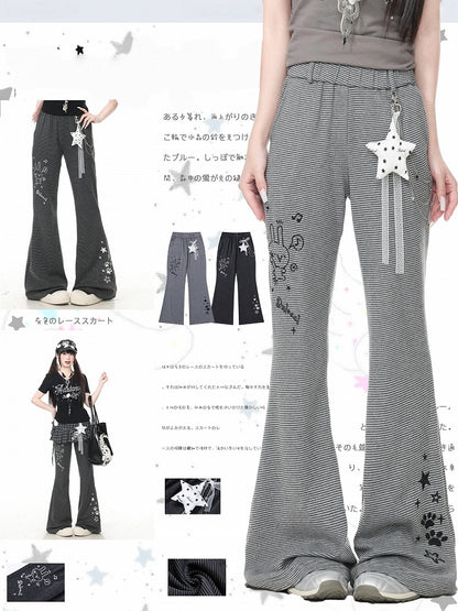Embroidered Black Striped Flared Pants with Star Charm