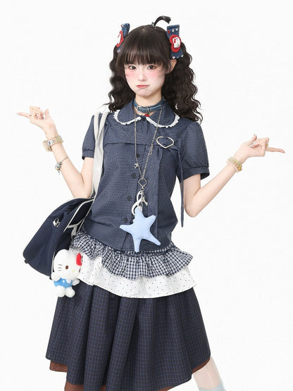 Blue Plaid Peter Pan Collar Shirt with Puff Sleeves and Heart Buckle - Languid Park