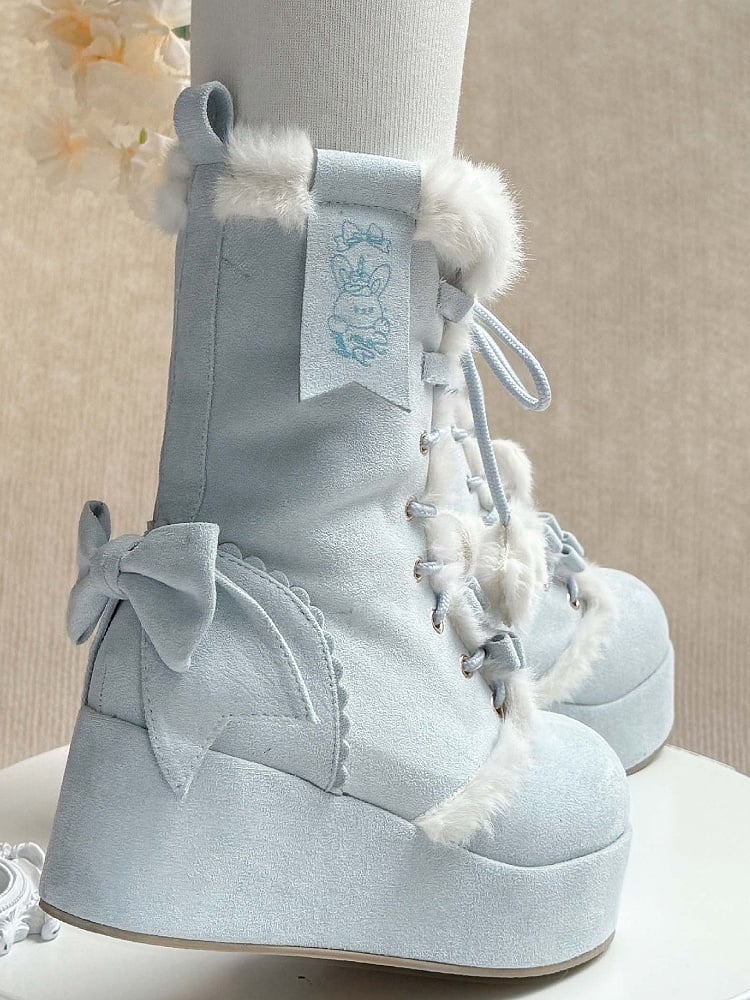 Interior Plush Boots - 4cm Platform Sole Sweet For Lolita Blue Snow | Cheese Mango