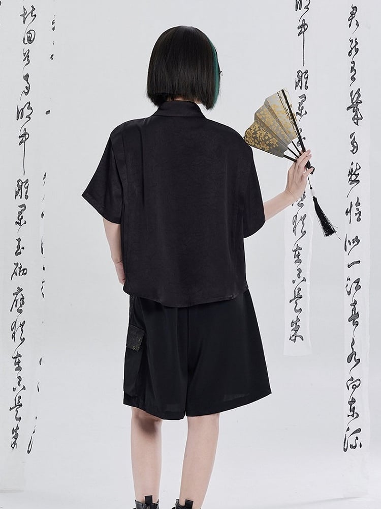 Black Chinese Embroidery Loose-Fit Asymmetrical Short-Sleeve Shirt - Qing Tang Original