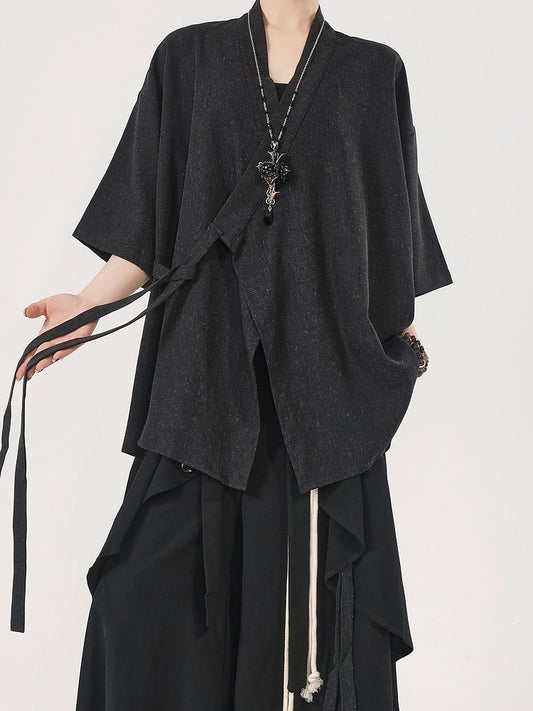 Top Style Black Chinese Neckline with Crossover Sleeves Short