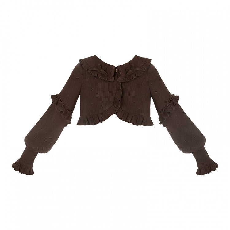 Ruffle for Autumn Winter Brown Trimming Cardigan and Cropped