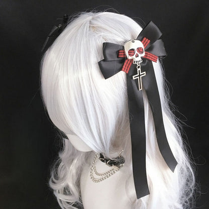 Head Bow Pendant Hairclip with Cross Skull Black