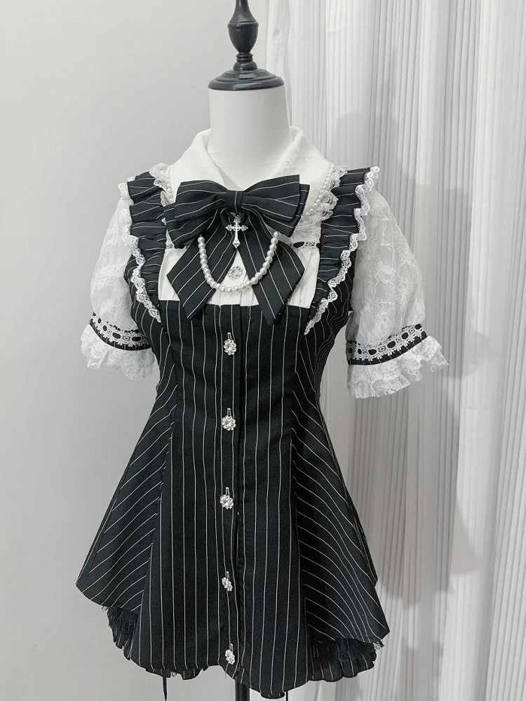 Minikleid + Shorts, Illusion-Ausschnitt mit Schnürung am Rücken + schwarz gestreiftes Jirai Kei-Set – Fliege