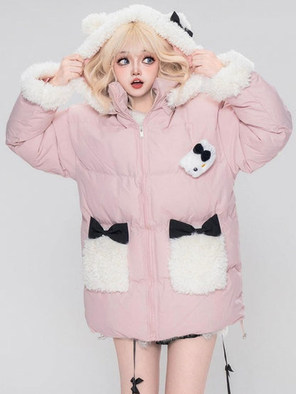 Rosa/schwarze Pufferjacke mit Kapuze und Plüschbündchen mit Kätzchen-Verzierung