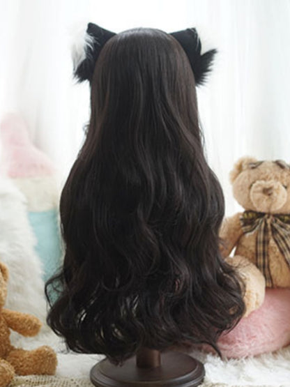 Schwarze, hüftlange, gewellte Perücke mit Vorhangpony