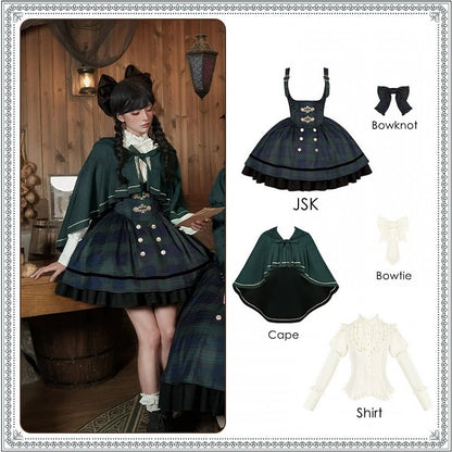 Lolita Green Set Pattern Style Preppy + JSK - Short Plaid Version